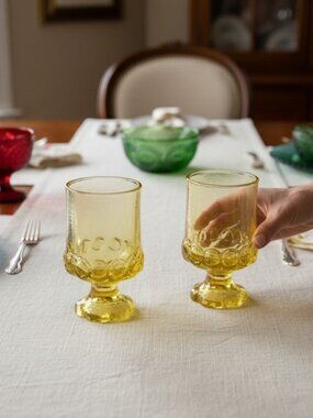 Tiffin Franciscan Madeira Tumblers in Cornsilk Yellow Glass Goblets 5" Set of 2